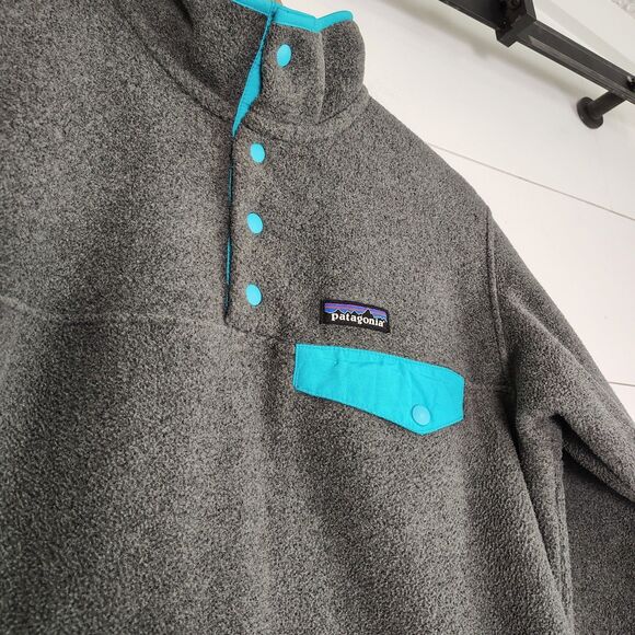 Patagonia Synchilla T Snap Size M Fleece Grey Turquoise Trim 2016 Women’s EUC - Picture 2 of 7